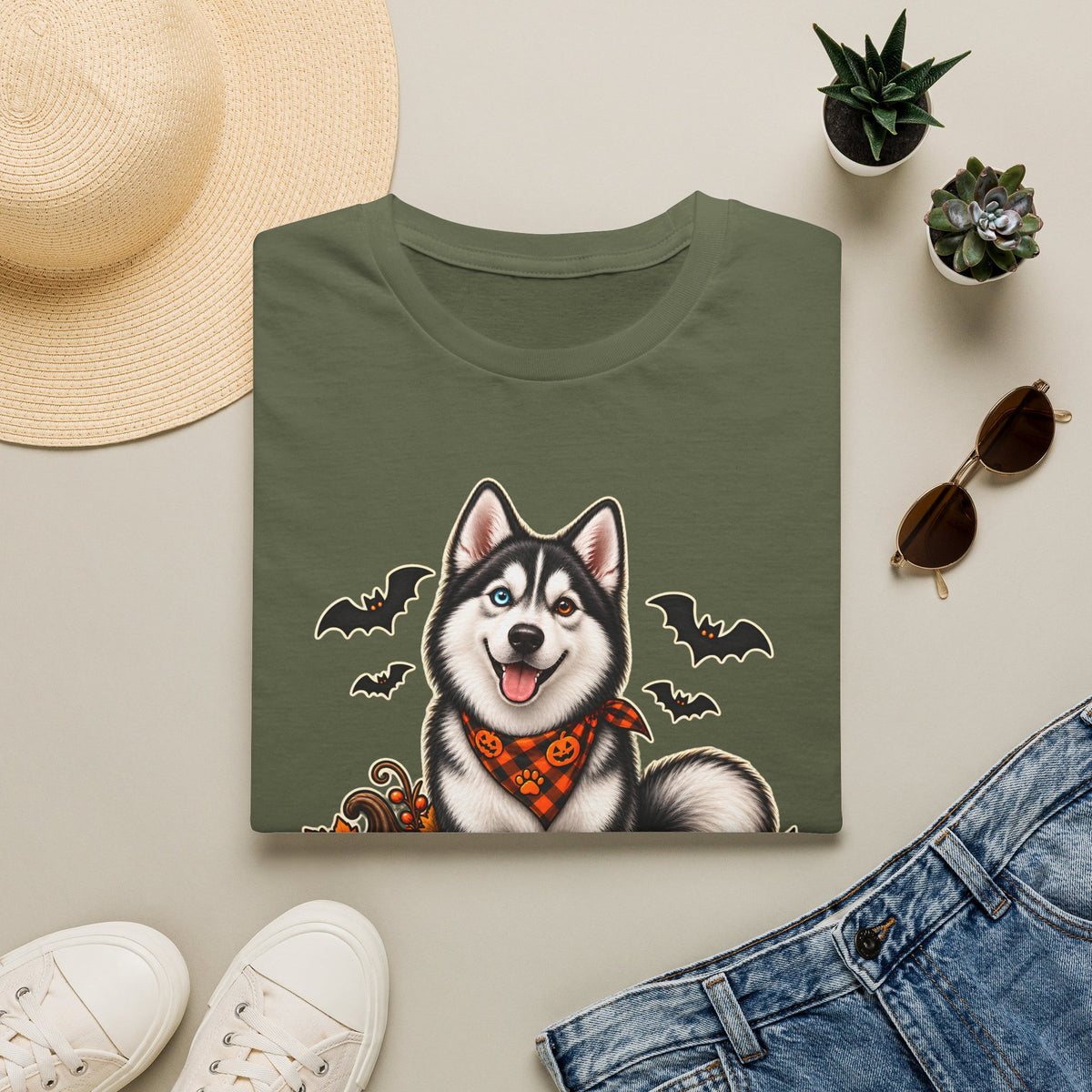 Husky Halloween Design T-Shirt | Trick or Treat Big Paws to Feet, Pumpkins & Bats