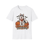 Husky Halloween Design T-Shirt | Trick or Treat Big Paws to Feet, Pumpkins & Bats