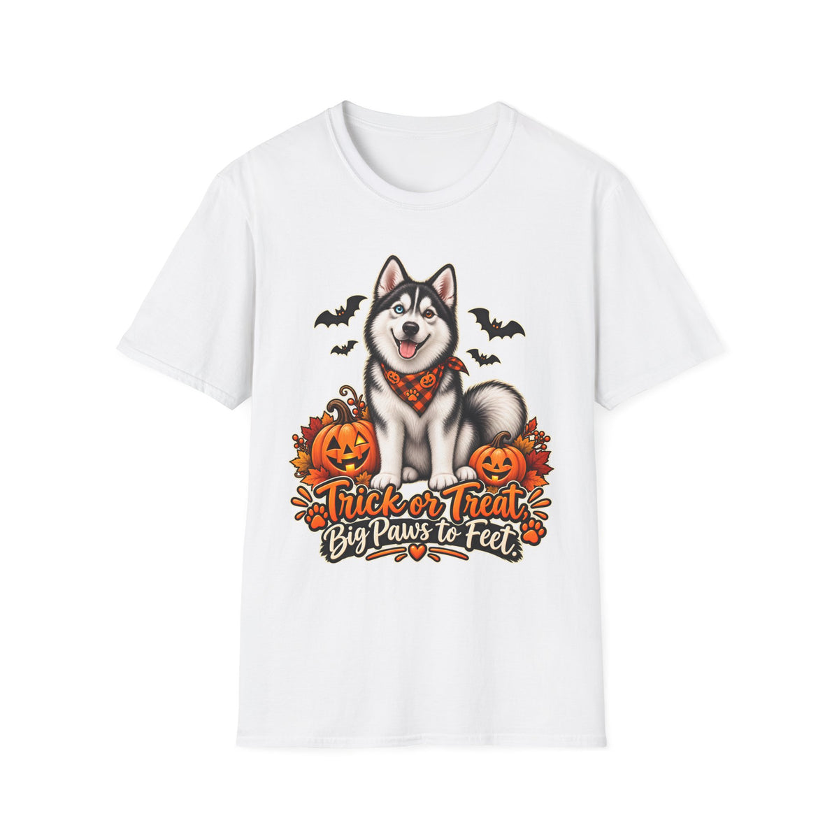 Husky Halloween Design T-Shirt | Trick or Treat Big Paws to Feet, Pumpkins & Bats
