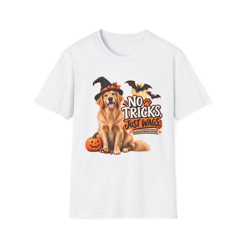 No Tricks Just Wags Dog Halloween T-Shirt | Golden Retriever, Pumpkin