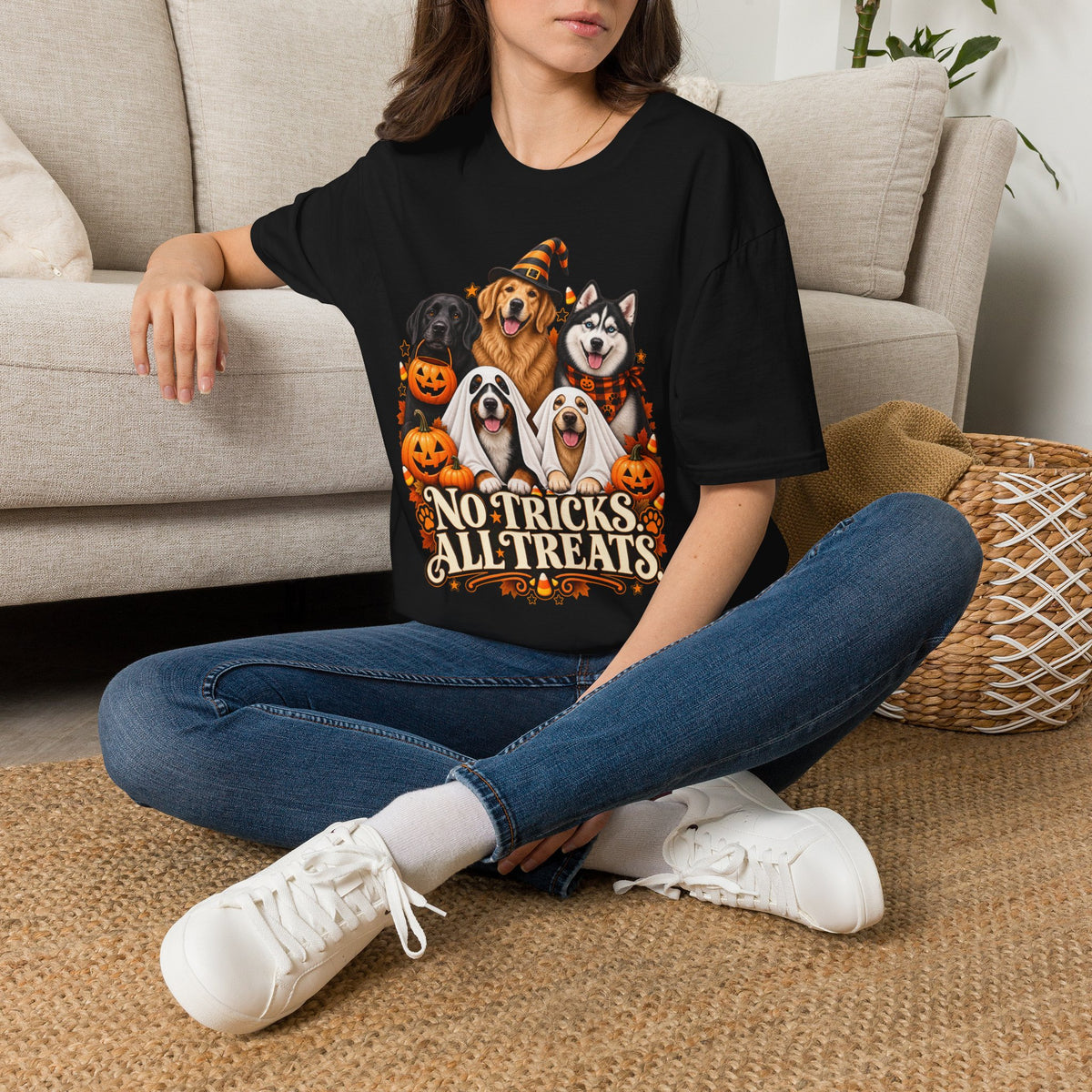 No Tricks All Treats Dogs Halloween T-Shirt | Cute Dog Pumpkin Costume Tee
