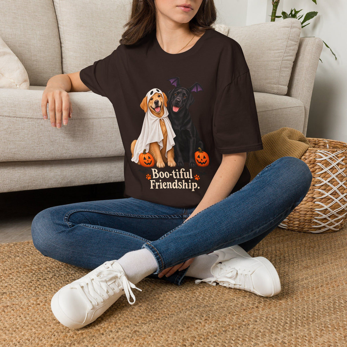 Boo-tiful Golden & Labrador Friendship T-Shirt | Halloween Dog Ghost Design