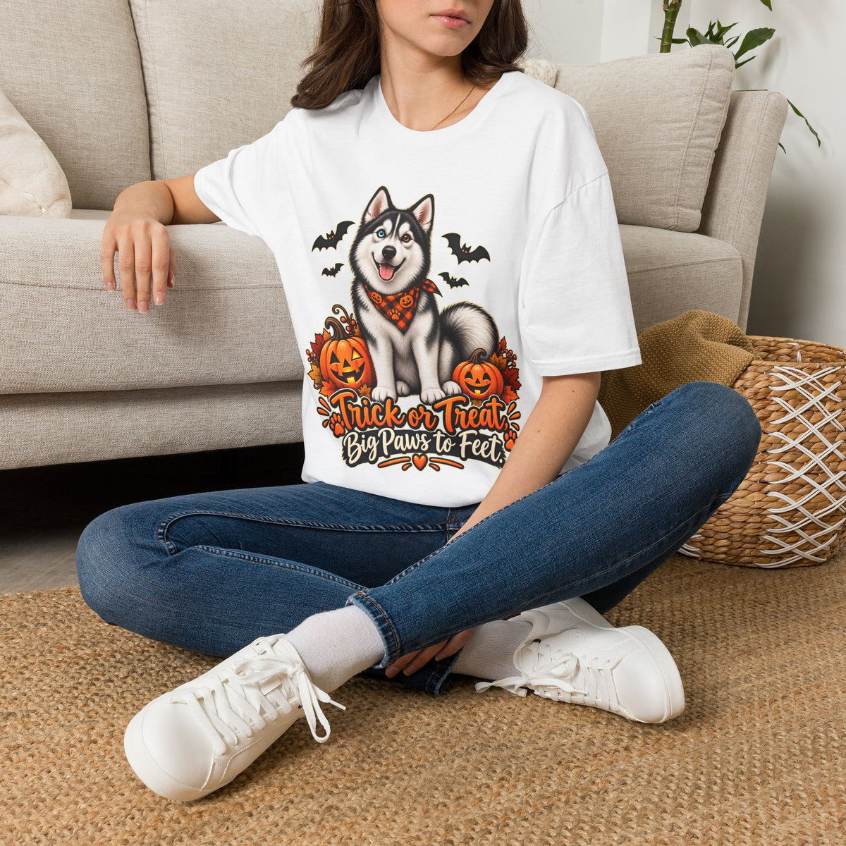 Husky Halloween Design T-Shirt | Trick or Treat Big Paws to Feet, Pumpkins & Bats