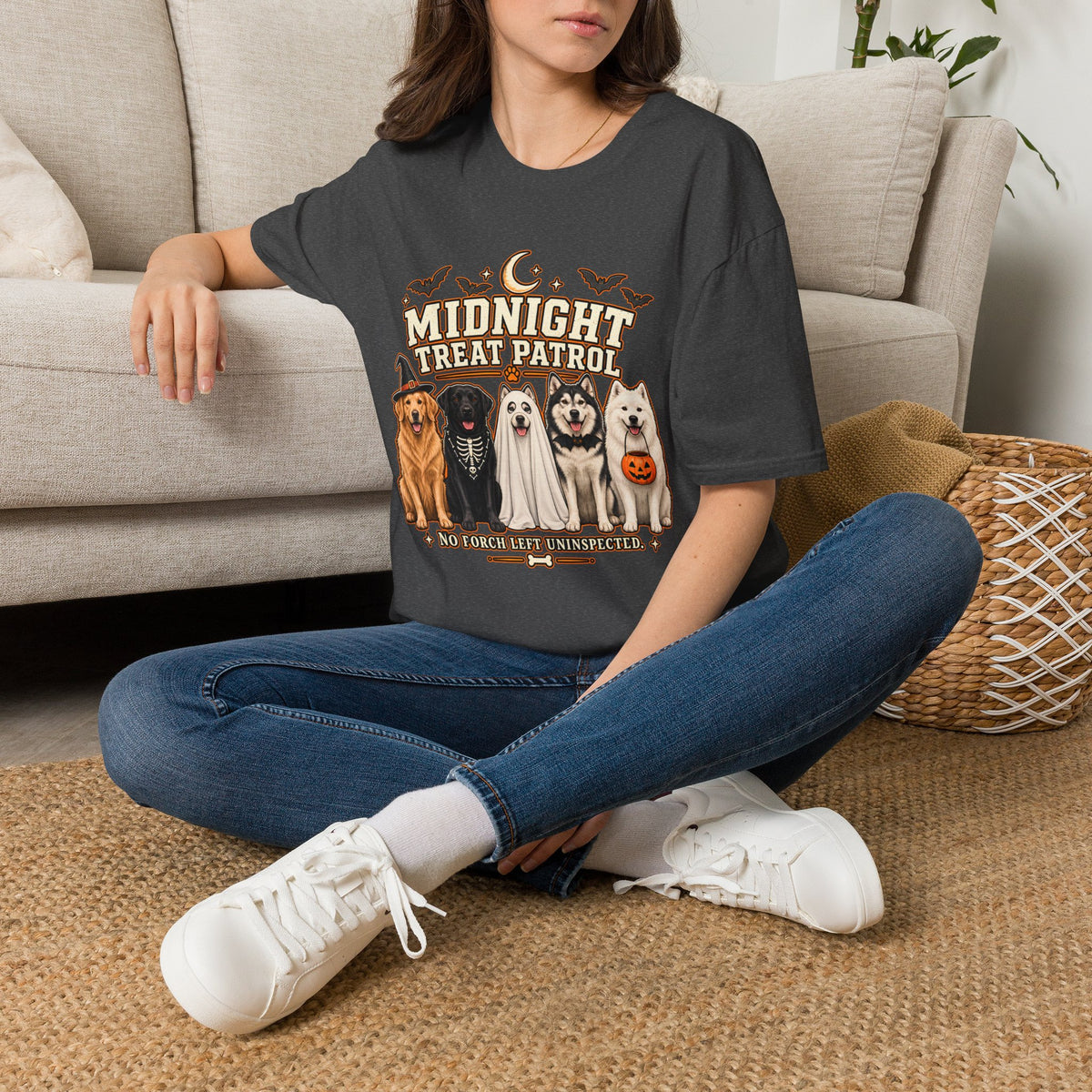 Midnight Treat Patrol T-Shirt | Halloween Dog Squad, Moon & Bats