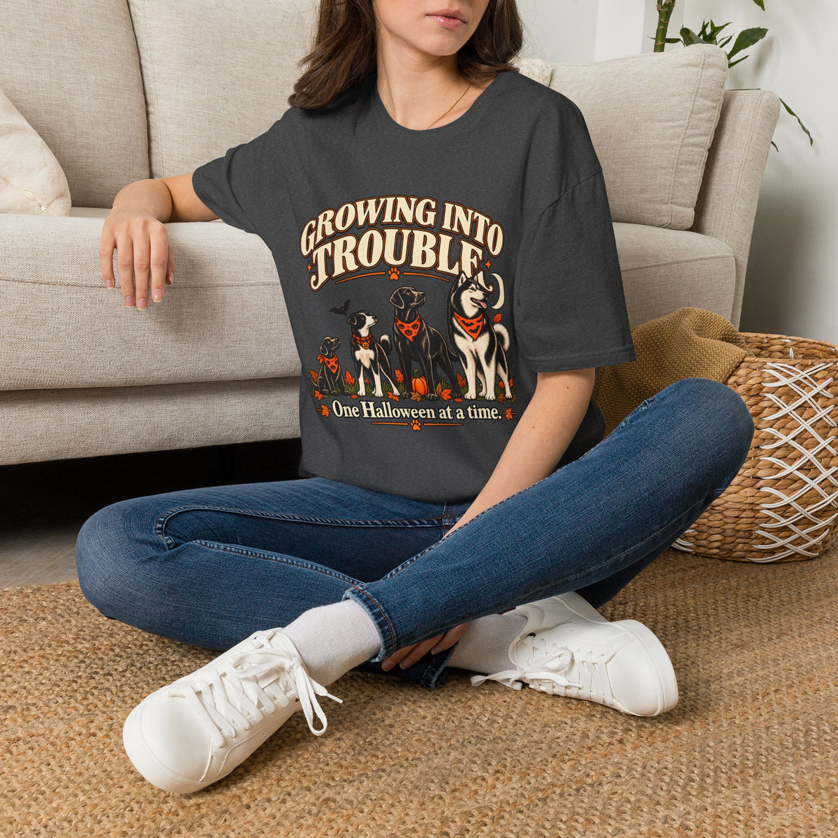 Growing Into Trouble Dogs Halloween T-Shirt | Pumpkin Orange Crew Tee