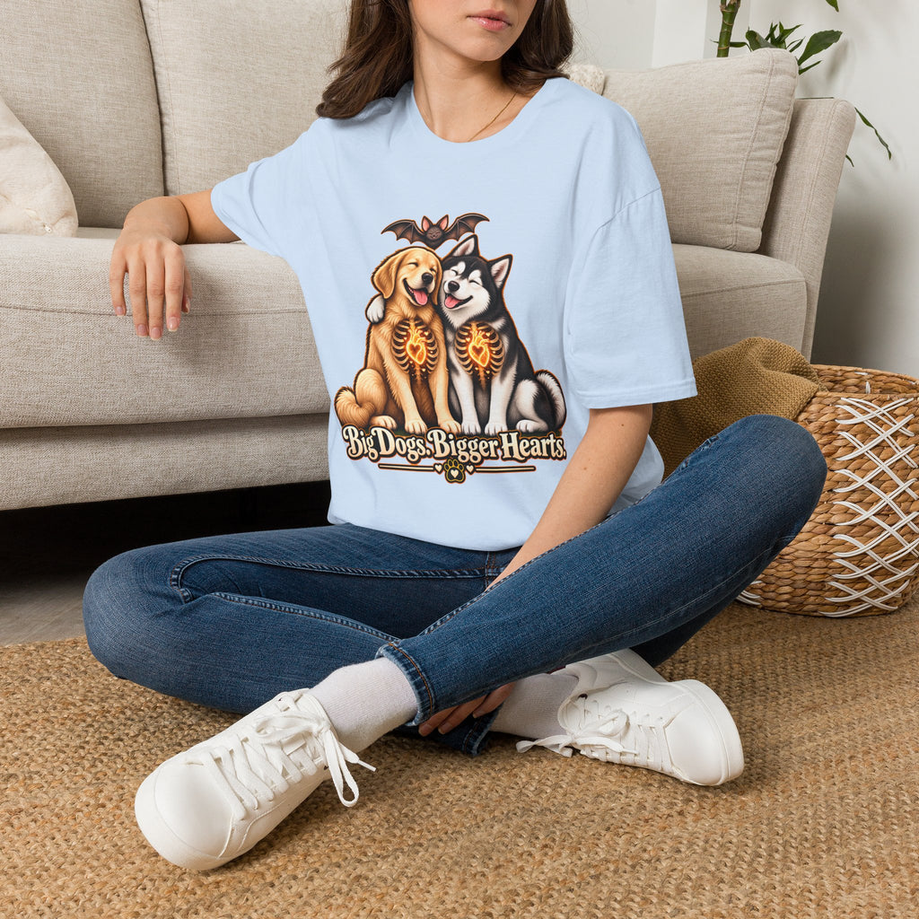 Big Dogs Bigger Hearts T-Shirt | Golden Retriever & Husky Skeleton Chest Illustration