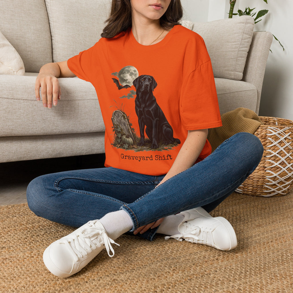 Black Labrador in Graveyard T-Shirt | Moon, Bats, Halloween Dog