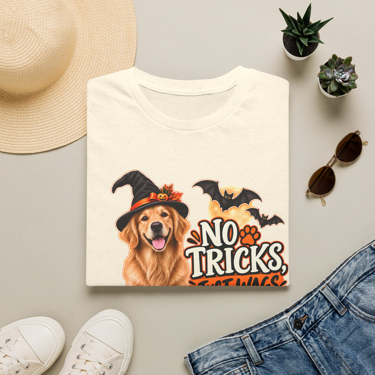 No Tricks Just Wags Dog Halloween T-Shirt | Golden Retriever, Pumpkin