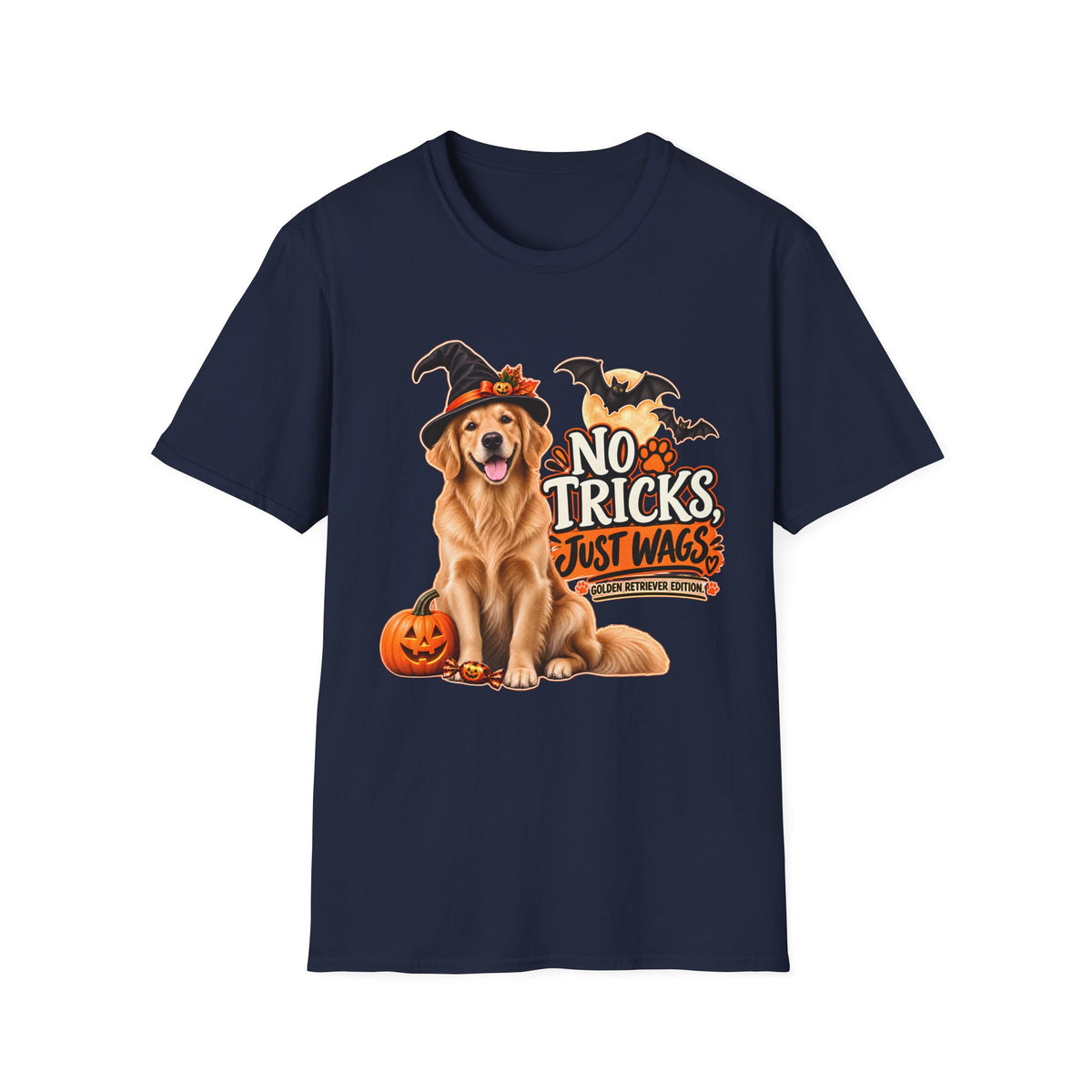 No Tricks Just Wags Dog Halloween T-Shirt | Golden Retriever, Pumpkin