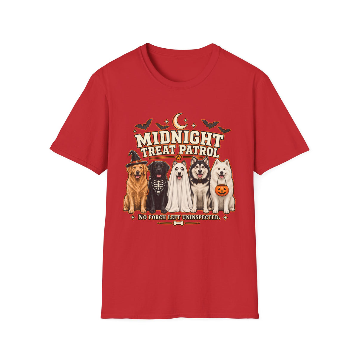 Midnight Treat Patrol T-Shirt | Halloween Dog Squad, Moon & Bats