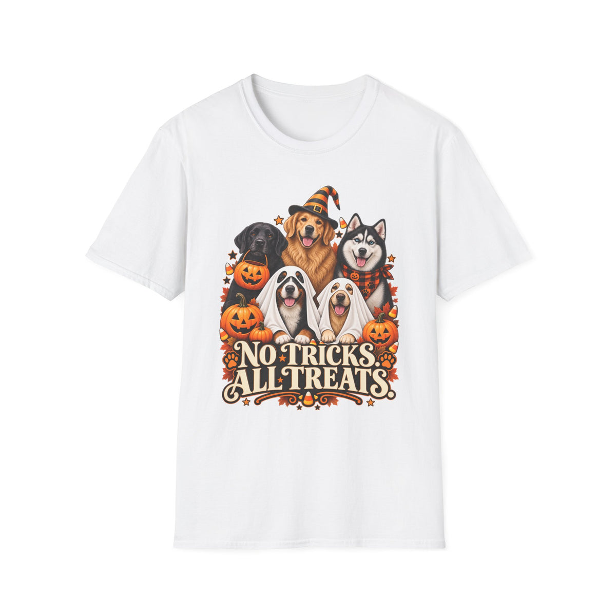 No Tricks All Treats Dogs Halloween T-Shirt | Cute Dog Pumpkin Costume Tee