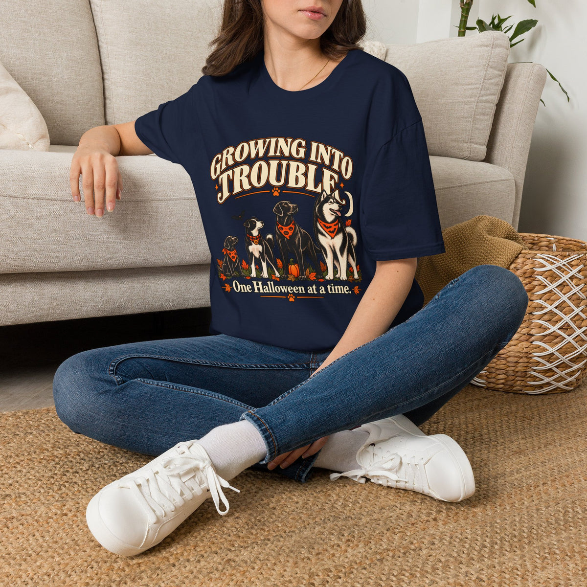 Growing Into Trouble Dogs Halloween T-Shirt | Pumpkin Orange Crew Tee