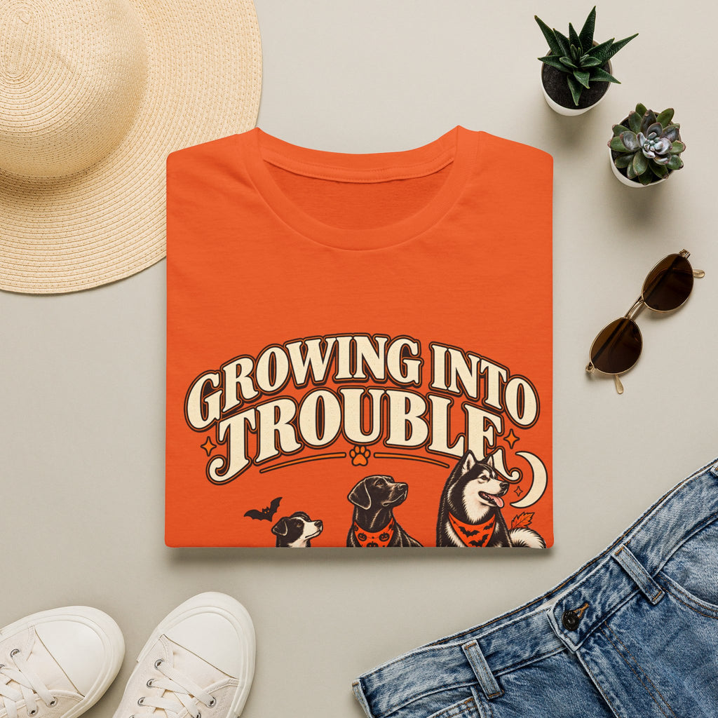 Growing Into Trouble Dogs Halloween T-Shirt | Pumpkin Orange Crew Tee