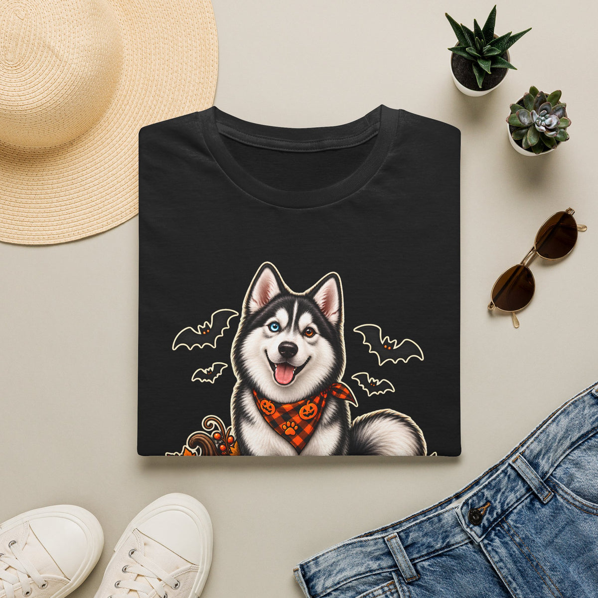 Husky Halloween Design T-Shirt | Trick or Treat Big Paws to Feet, Pumpkins & Bats