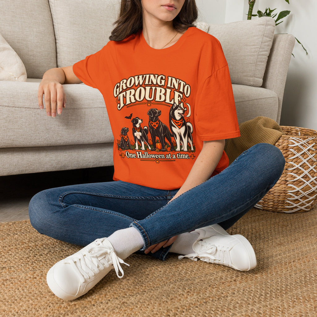 Growing Into Trouble Dogs Halloween T-Shirt | Pumpkin Orange Crew Tee