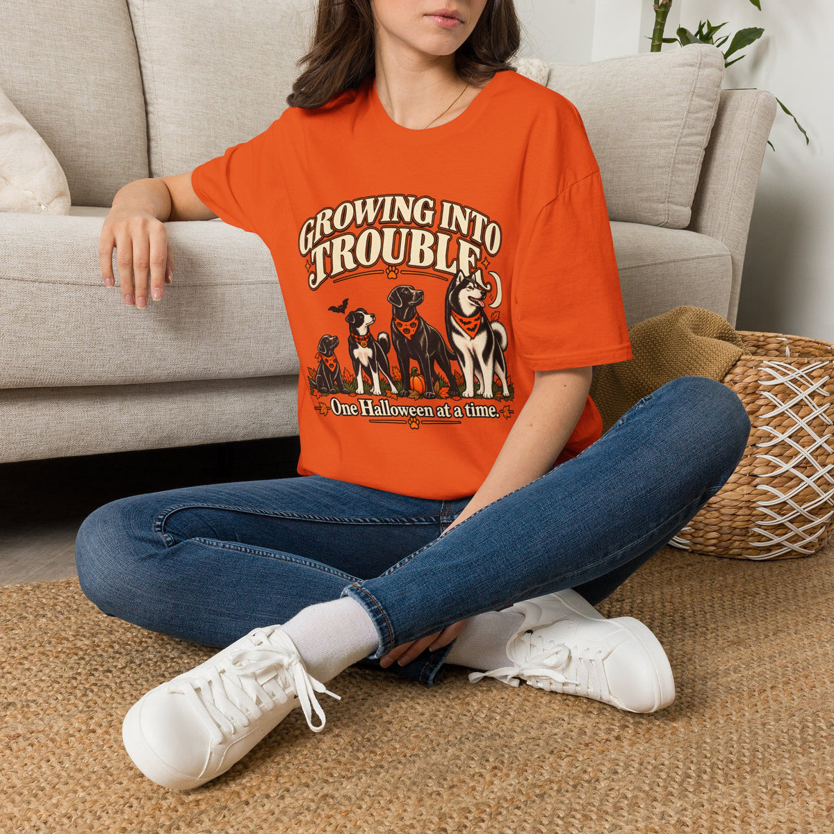 Growing Into Trouble Dogs Halloween T-Shirt | Pumpkin Orange Crew Tee