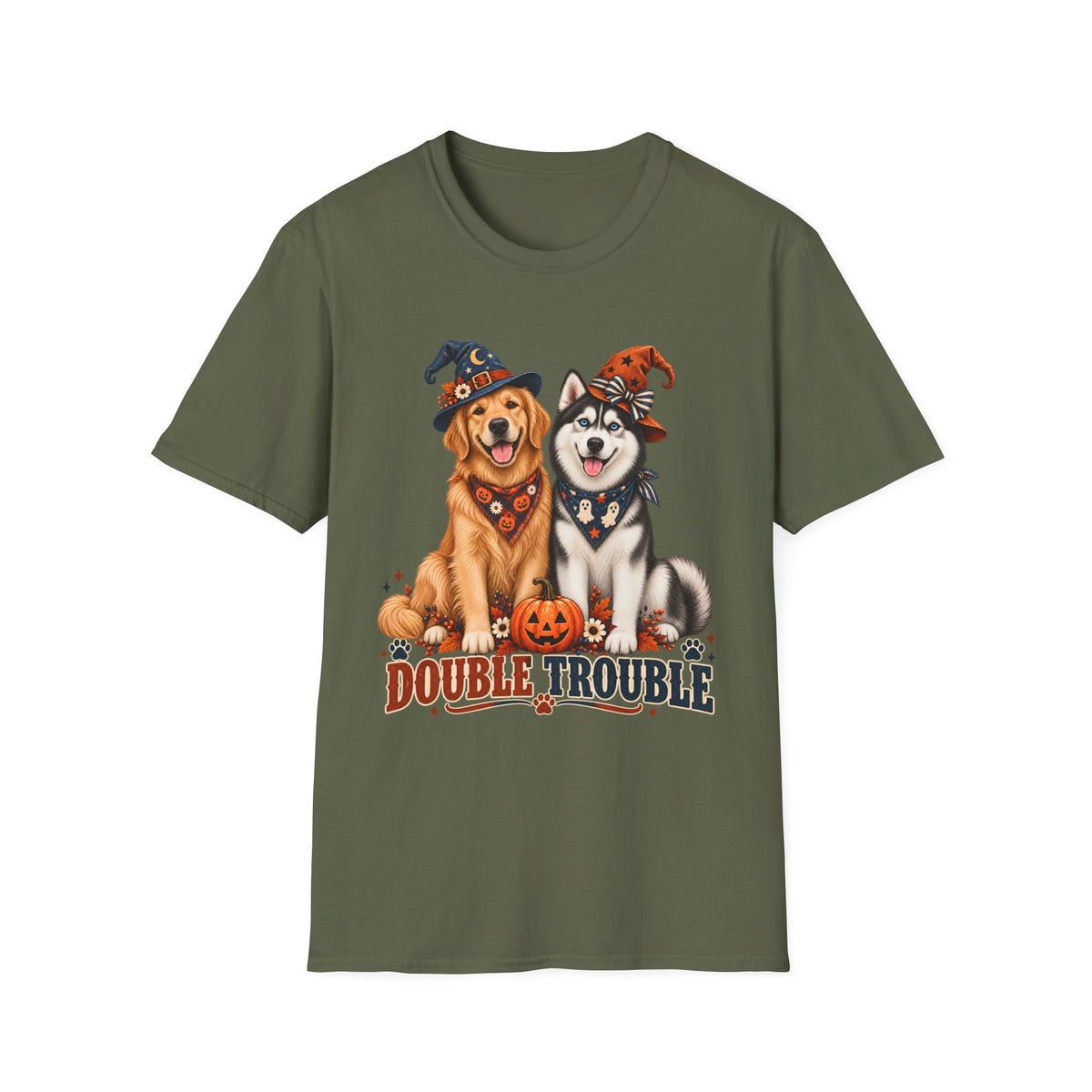 Double Trouble Golden & Husky Halloween T-Shirt | Halloween Dog Ghost Design