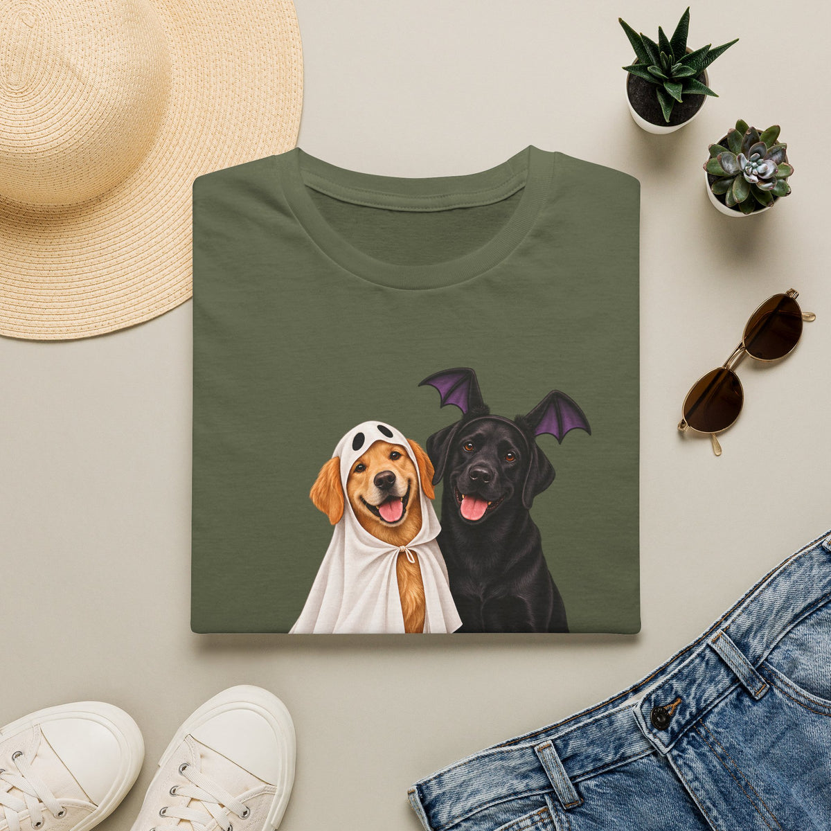 Boo-tiful Golden & Labrador Friendship T-Shirt | Halloween Dog Ghost Design