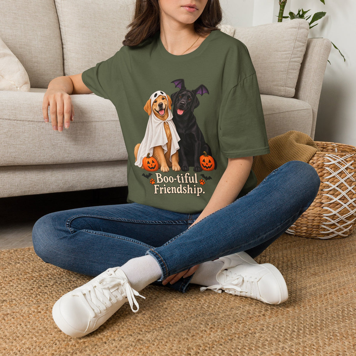 Boo-tiful Golden & Labrador Friendship T-Shirt | Halloween Dog Ghost Design