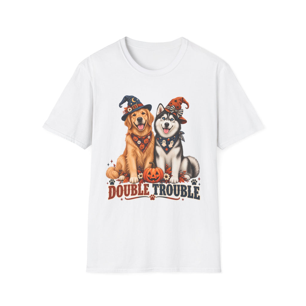 Double Trouble Golden & Husky Halloween T-Shirt | Halloween Dog Ghost Design