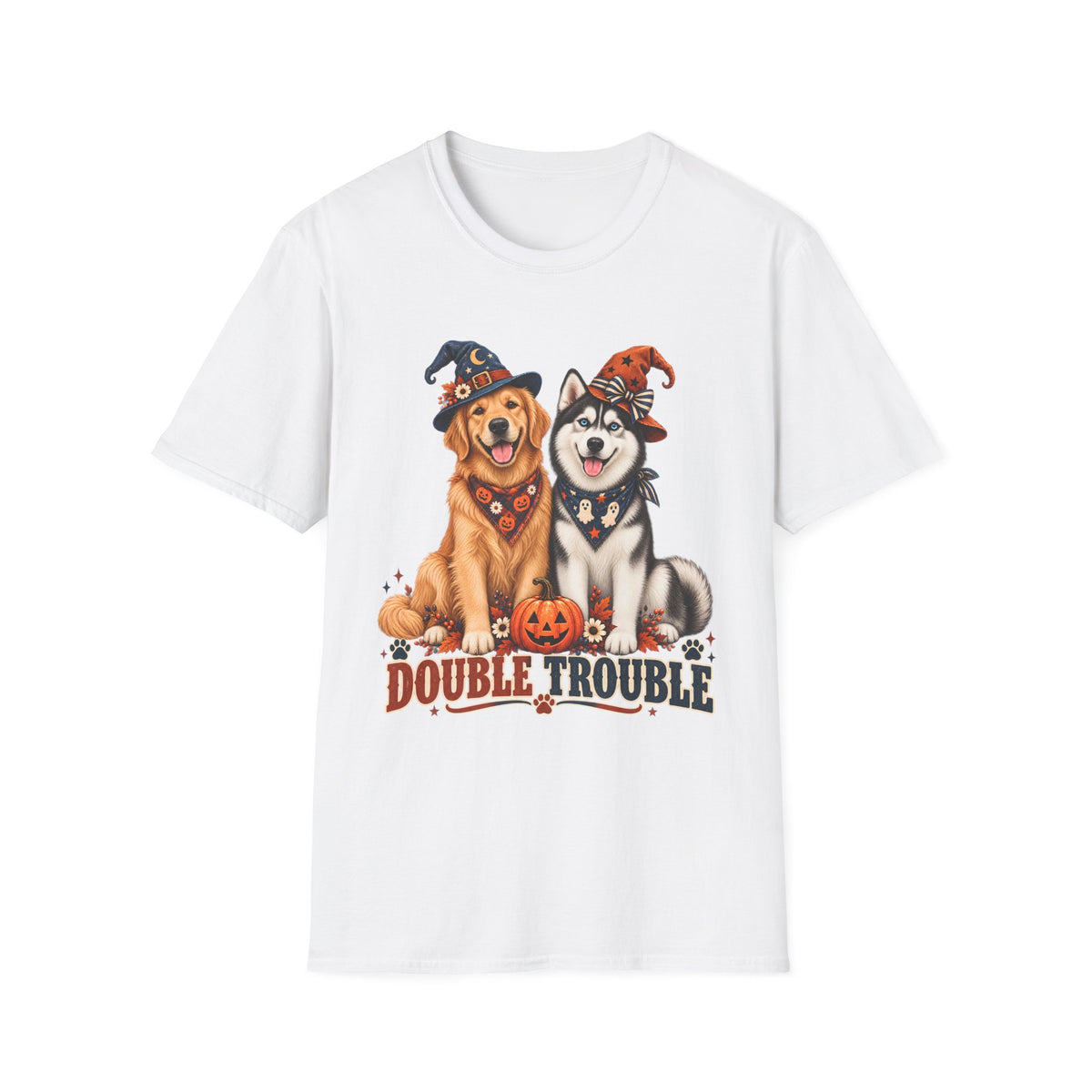 Double Trouble Golden & Husky Halloween T-Shirt | Halloween Dog Ghost Design