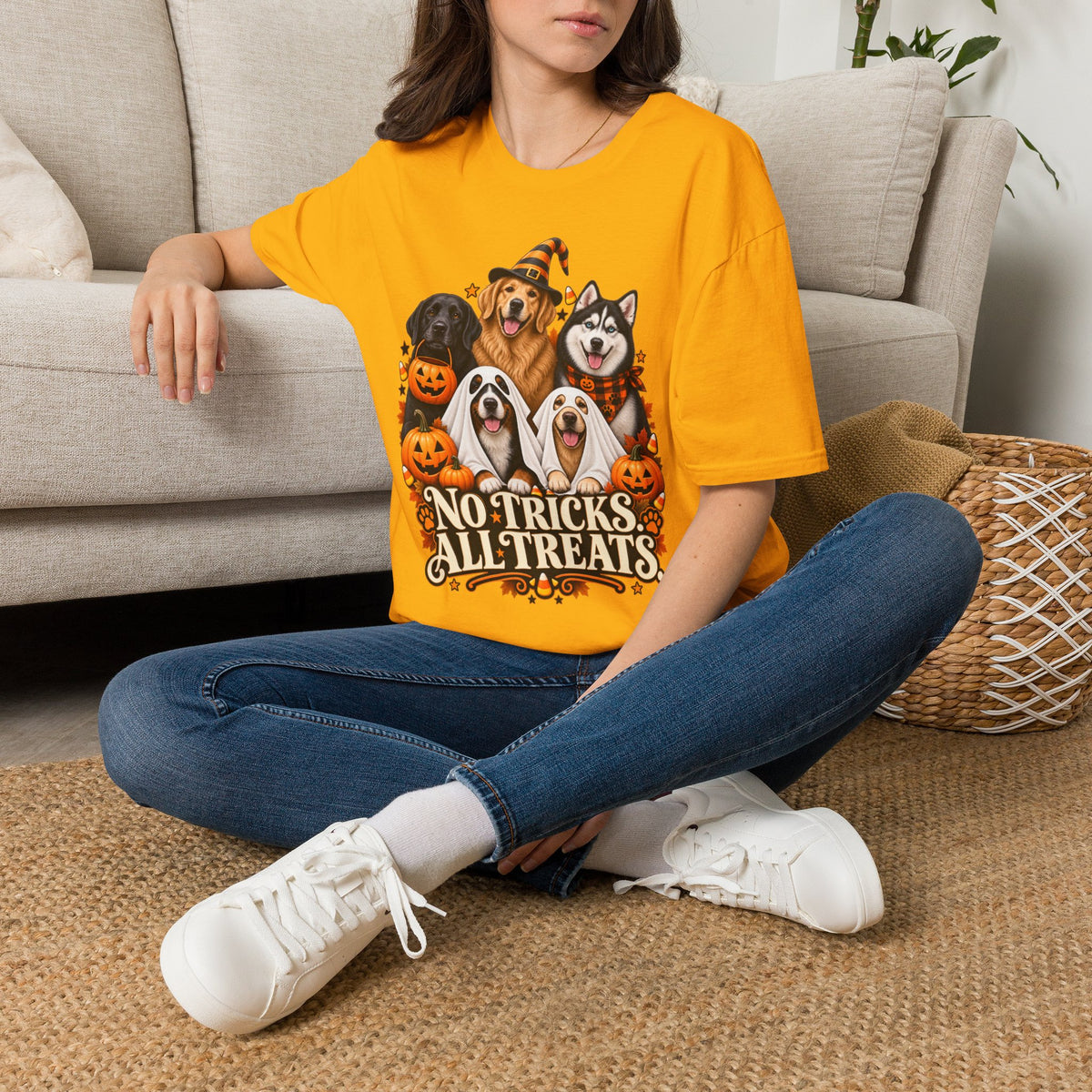 No Tricks All Treats Dogs Halloween T-Shirt | Cute Dog Pumpkin Costume Tee