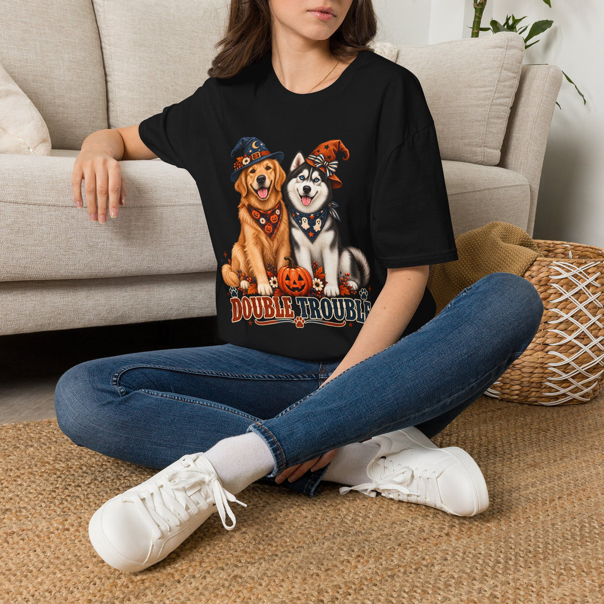 Double Trouble Golden & Husky Halloween T-Shirt | Halloween Dog Ghost Design