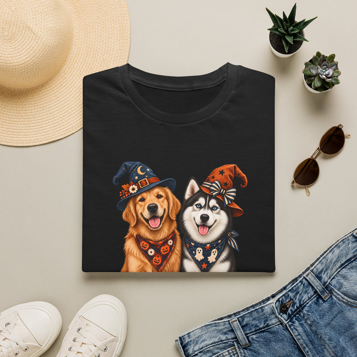Double Trouble Golden & Husky Halloween T-Shirt | Halloween Dog Ghost Design