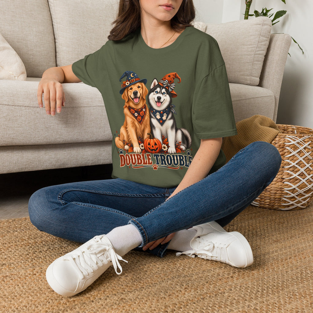 Double Trouble Golden & Husky Halloween T-Shirt | Halloween Dog Ghost Design