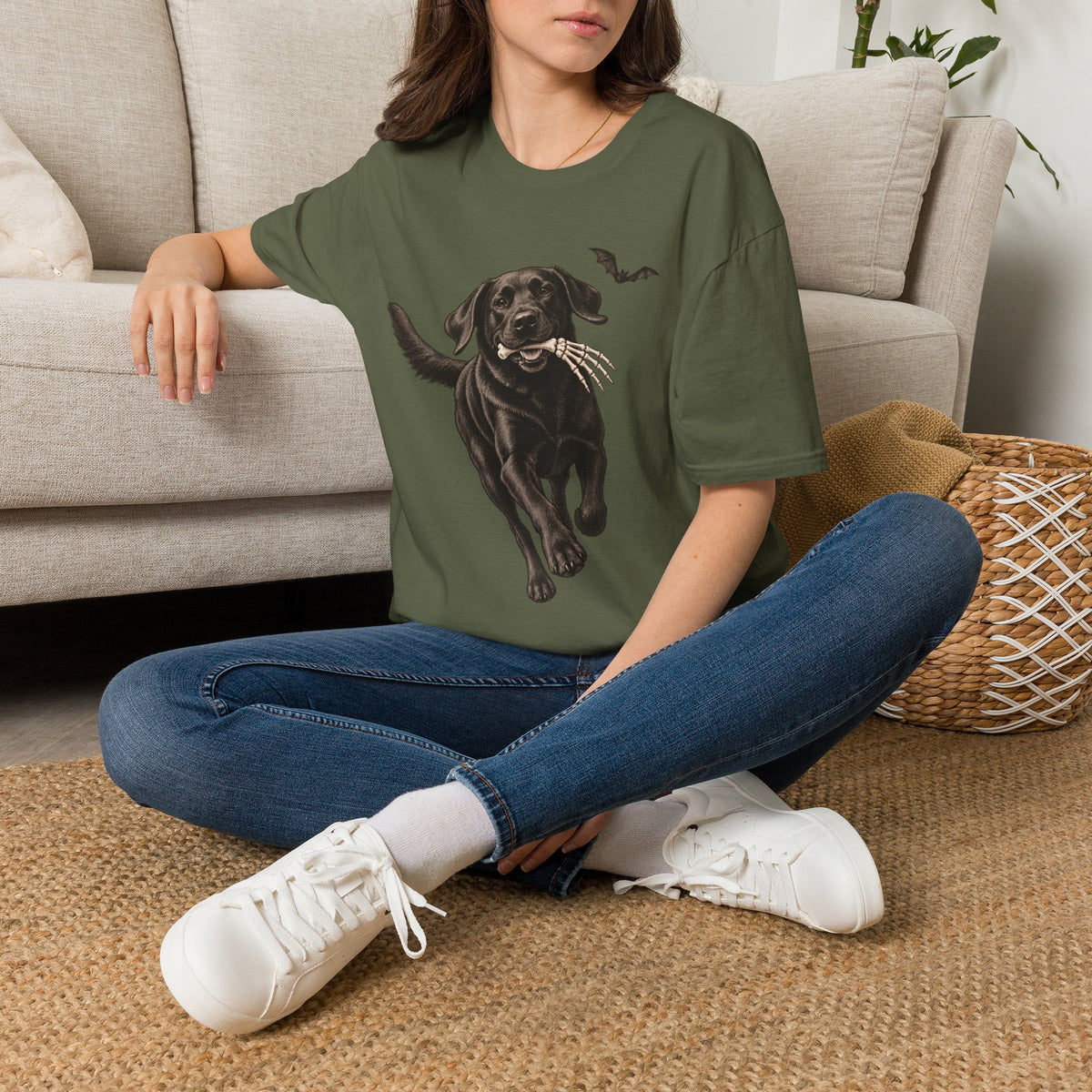 Fetch the Bones Black Labrador T-Shirt | Halloween Dog Ghost Design