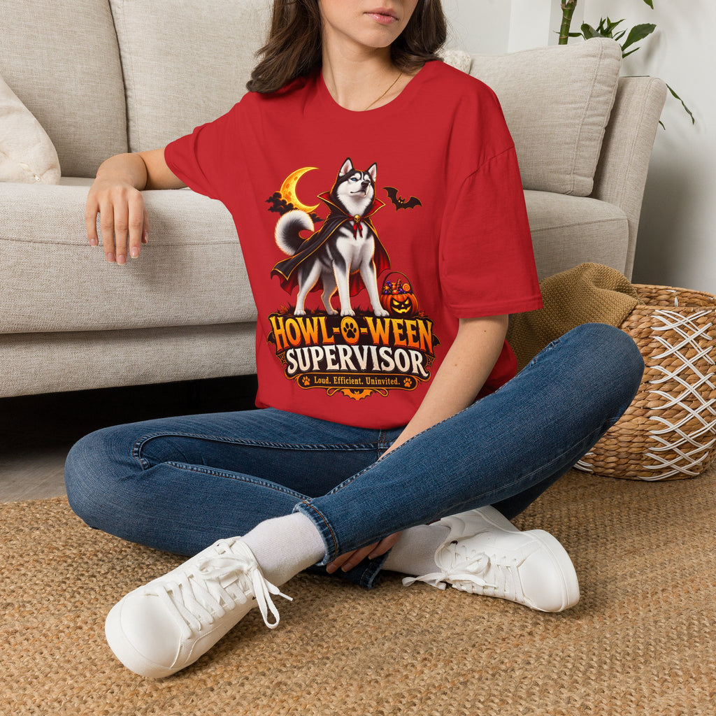 Husky Vampire Halloween Howl-O-Ween Supervisor T-Shirt | Spooky Dog Tee