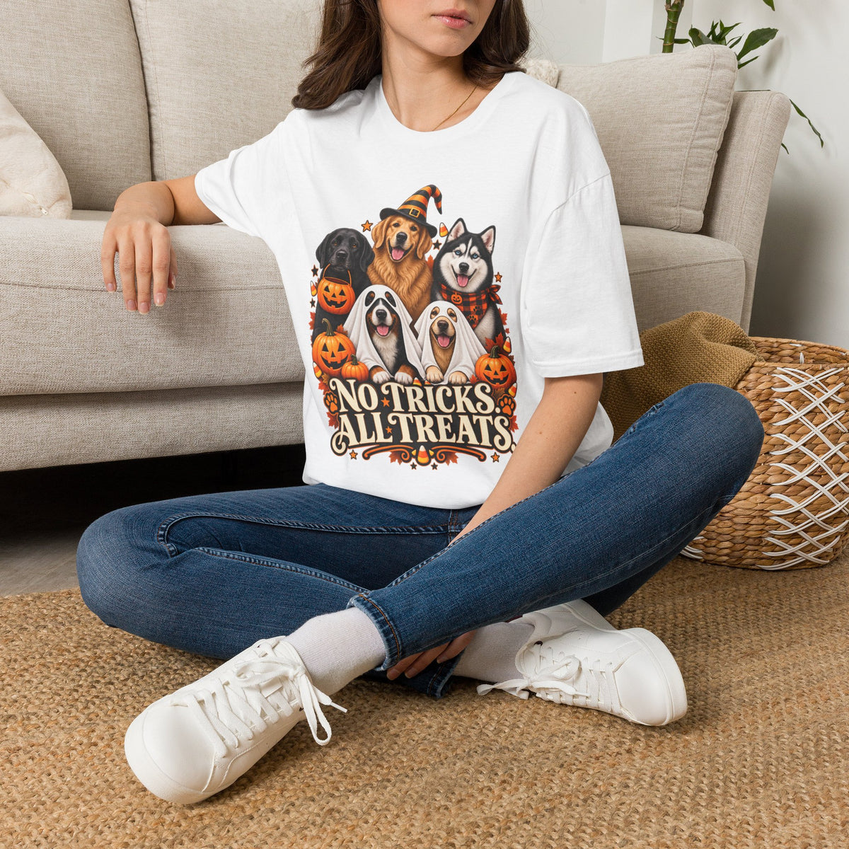 No Tricks All Treats Dogs Halloween T-Shirt | Cute Dog Pumpkin Costume Tee