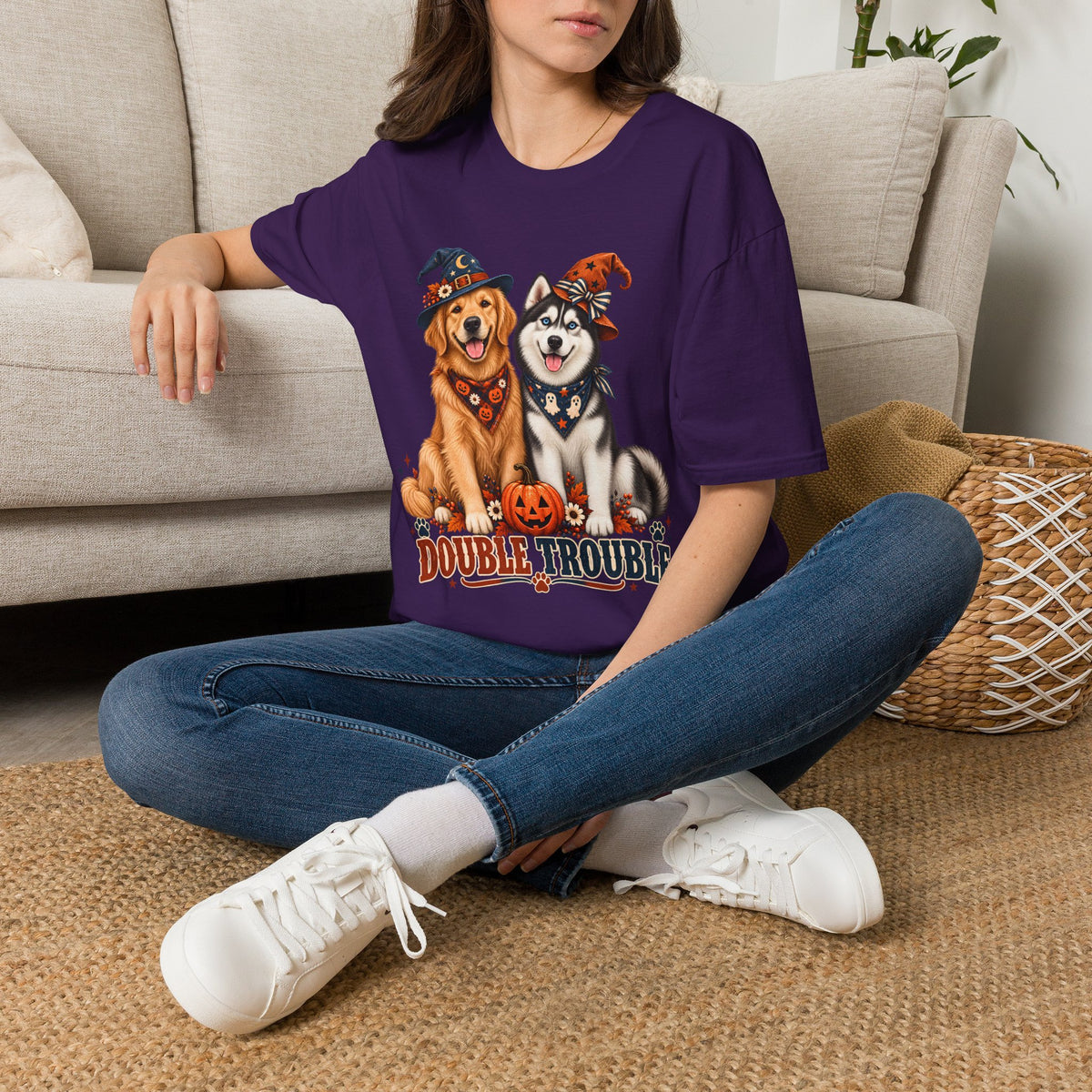 Double Trouble Golden & Husky Halloween T-Shirt | Halloween Dog Ghost Design