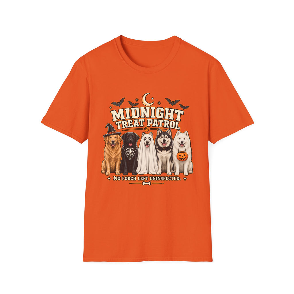 Midnight Treat Patrol T-Shirt | Halloween Dog Squad, Moon & Bats