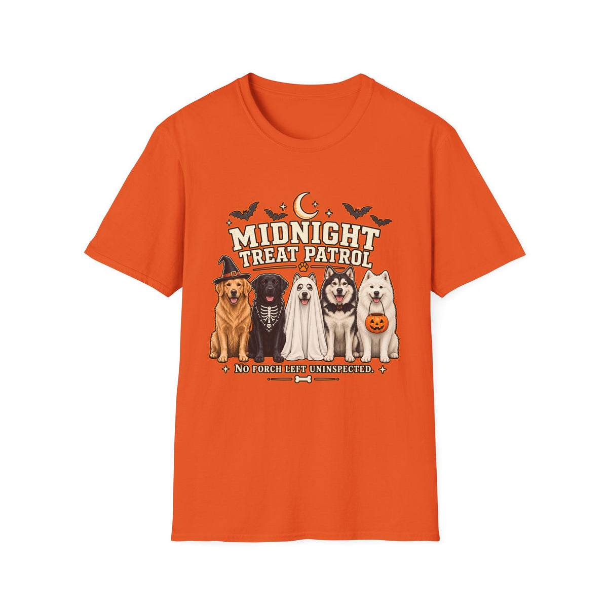 Midnight Treat Patrol T-Shirt | Halloween Dog Squad, Moon & Bats